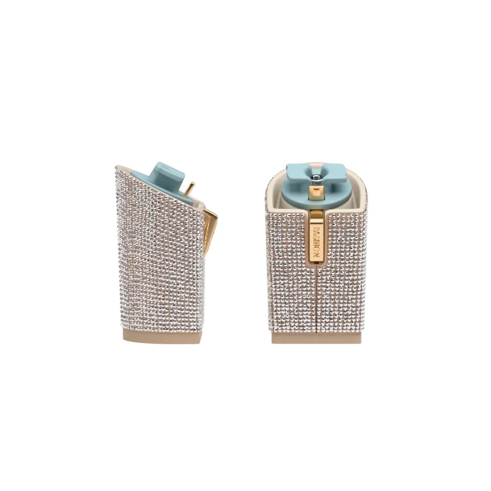 Pashion Footwear 4” Block Heel Kit in Sand Rhinestone in size 7-8.5